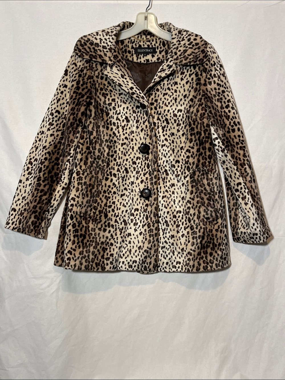 Ellen Tracy Leopard Print Faux Fur Car Coat Jacket Lined Sz S